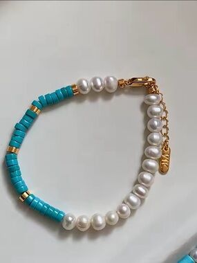 Pearl & Turquoise Bead Freshwater Pearl 18k Plated PVD Bracelet